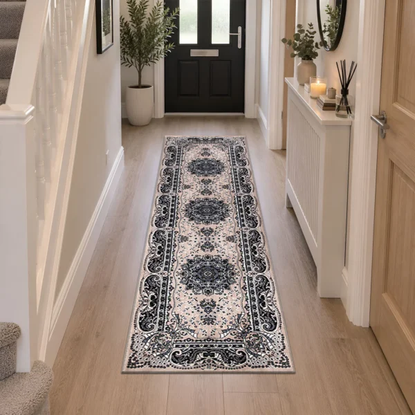 Rada Traditional Floral Rug Beige 60 x 220 cm Rada Beige traditional floral rug 60 x 220 cm, medium pile with jute backing, in a living room