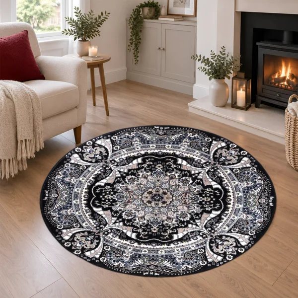 Rada Black traditional floral rug 120 x 120 cm, medium pile with jute backing, in a living room