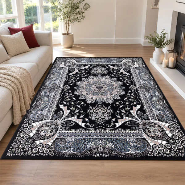 Rada Traditional Floral Rug Black 160 x 230 cm Rada Black traditional floral rug 160 x 230 cm, medium pile with jute backing, in a living room