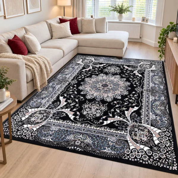 Rada Black traditional floral rug 200 x 290 cm, medium pile with jute backing, in a living room