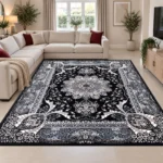 Rada Black traditional floral rug 240 x 320 cm, medium pile with jute backing, in a living room
