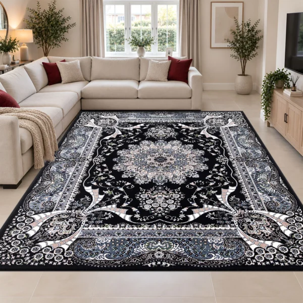 Rada Black traditional floral rug 240 x 320 cm, medium pile with jute backing, in a living room