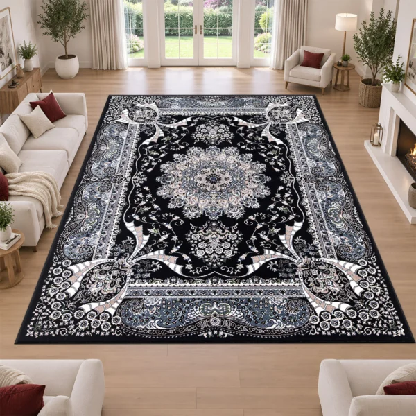 Rada Traditional Floral Rug Black 280 x 380 cm Rada Black traditional floral rug 280 x 380 cm, medium pile with jute backing, in a living room