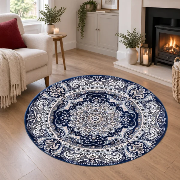 Rada Traditional Floral Rug Blue 120 x 120 cm Rada Blue traditional floral rug 120 x 120 cm, medium pile with jute backing, in a living room