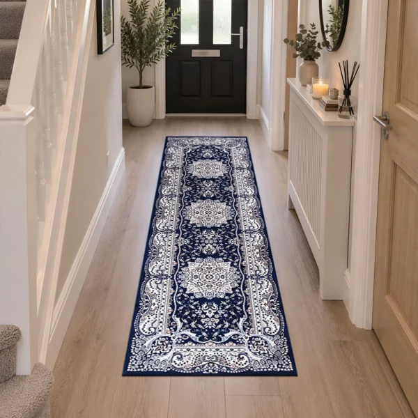 Rada Traditional Floral Rug Blue 60 x 220 cm Rada Blue traditional floral rug 60 x 220 cm, medium pile with jute backing, in a living room