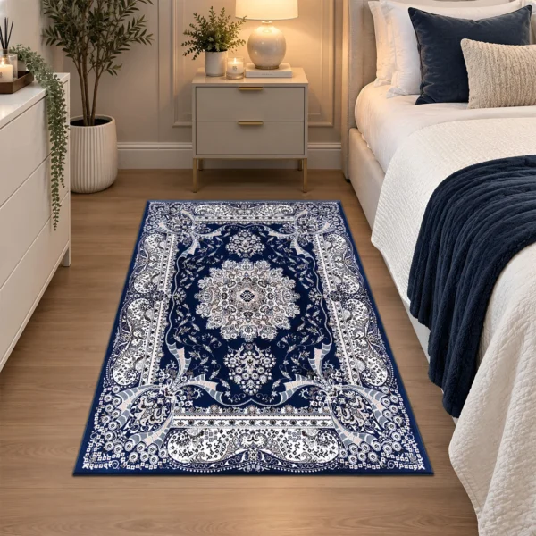 Rada Traditional Floral Rug Blue 80 x 150 cm Rada Blue traditional floral rug 80 x 150 cm, medium pile with jute backing, in a living room