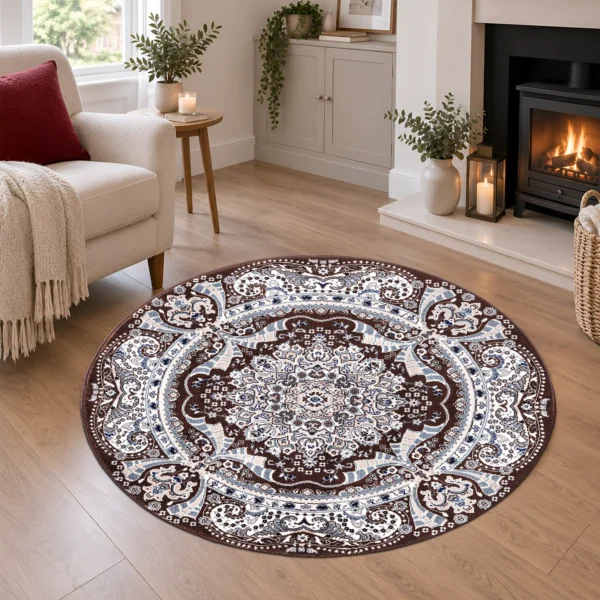Rada Traditional Floral Rug Brown 120 x 120 cm Rada Brown traditional floral rug 120 x 120 cm, medium pile with jute backing, in a living room