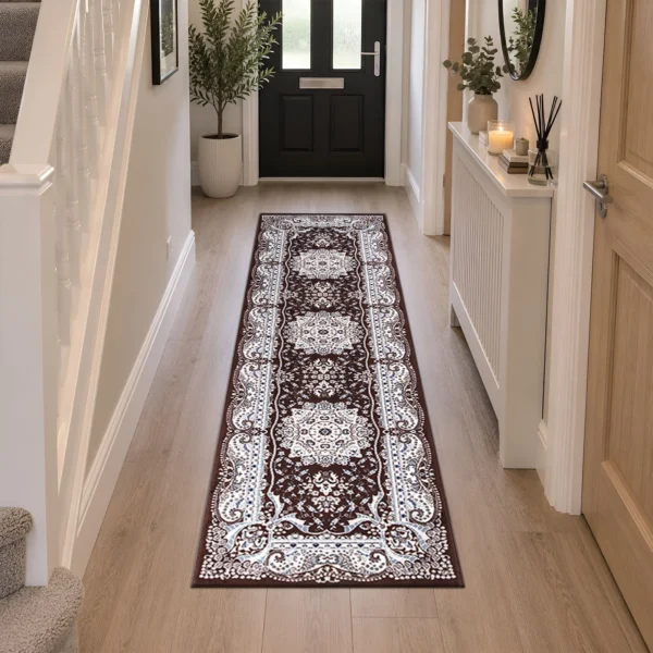 Rada Brown traditional floral rug 60 x 220 cm, medium pile with jute backing, in a living room