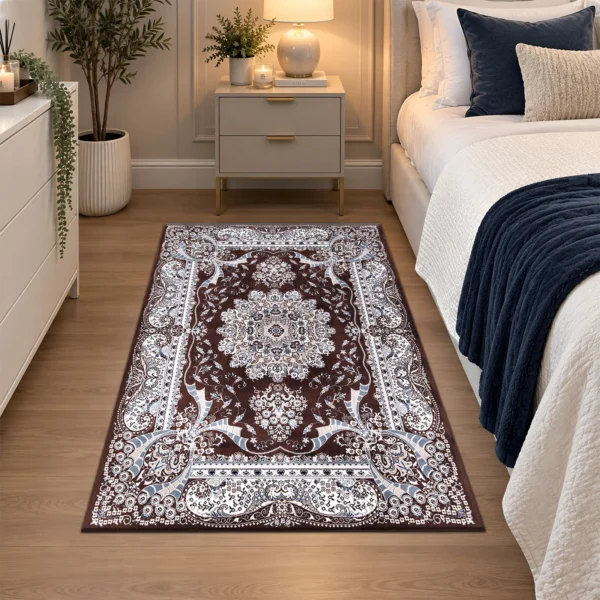 Rada Traditional Floral Rug Brown 80 x 150 cm Rada Brown traditional floral rug 80 x 150 cm, medium pile with jute backing, in a living room