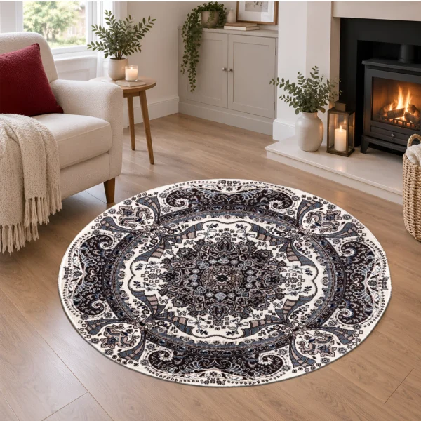 Rada Traditional Floral Rug Cream 120 x 120 cm Rada Cream traditional floral rug 120 x 120 cm, medium pile with jute backing, in a living room