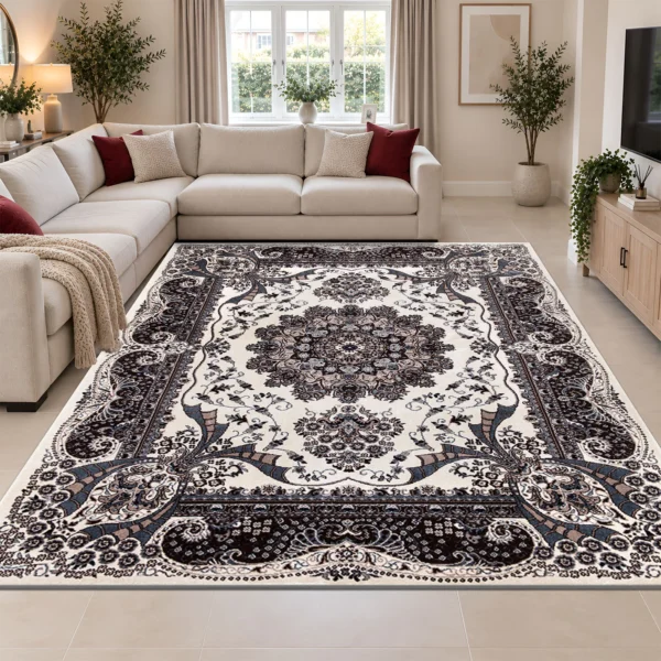 Rada Cream traditional floral rug 240 x 320 cm, medium pile with jute backing, in a living room