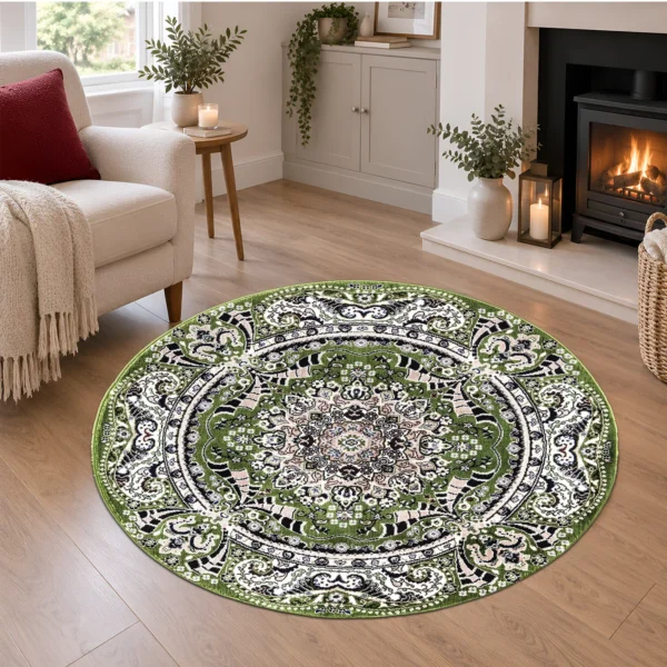 Rada Green traditional floral rug 120 x 120 cm, medium pile with jute backing, in a living room