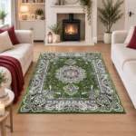 Rada Green traditional floral rug 120 x 170 cm, medium pile with jute backing, in a living room