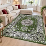 Rada Green traditional floral rug 200 x 290 cm, medium pile with jute backing, in a living room