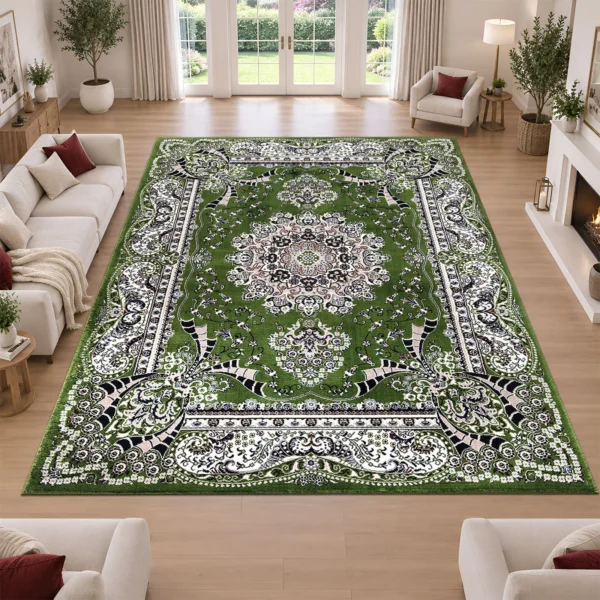 Rada Green traditional floral rug 280 x 380 cm, medium pile with jute backing, in a living room
