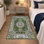 Rada Green traditional floral rug 80 x 150 cm, medium pile with jute backing, in a living room