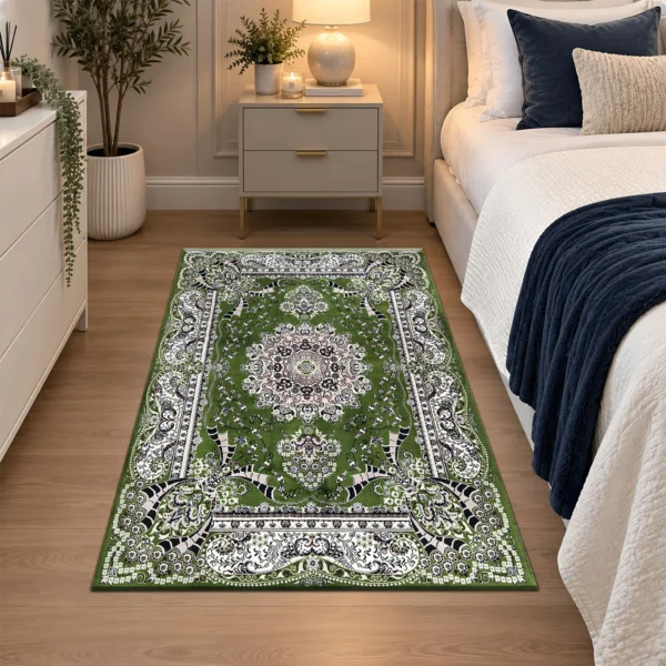 Rada Green traditional floral rug 80 x 150 cm, medium pile with jute backing, in a living room