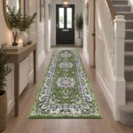 Rada Green traditional floral rug 80 x 300 cm, medium pile with jute backing, in a living room