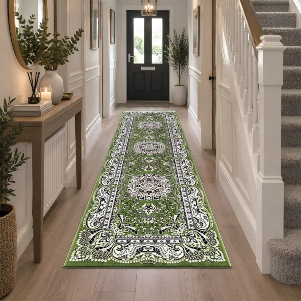 Rada Green traditional floral rug 80 x 300 cm, medium pile with jute backing, in a living room