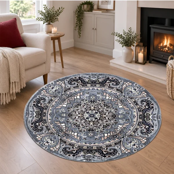 Rada Traditional Floral Rug Grey 120 x 120 cm Rada Grey traditional floral rug 120 x 120 cm, medium pile with jute backing, in a living room