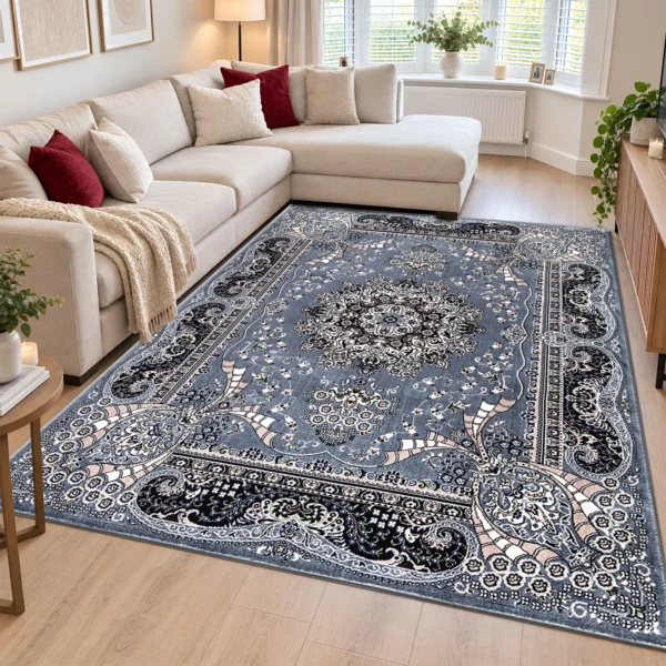 Rada Grey traditional floral rug 200 x 290 cm, medium pile with jute backing, in a living room