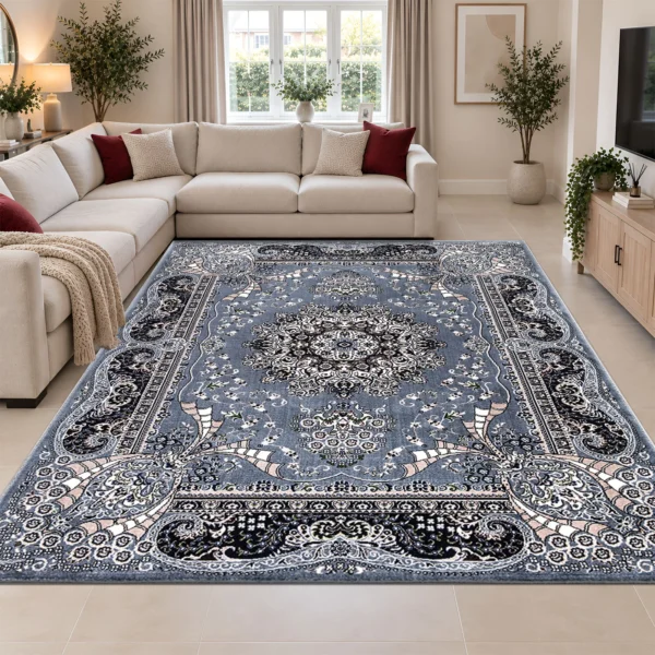 Rada Grey traditional floral rug 240 x 320 cm, medium pile with jute backing, in a living room