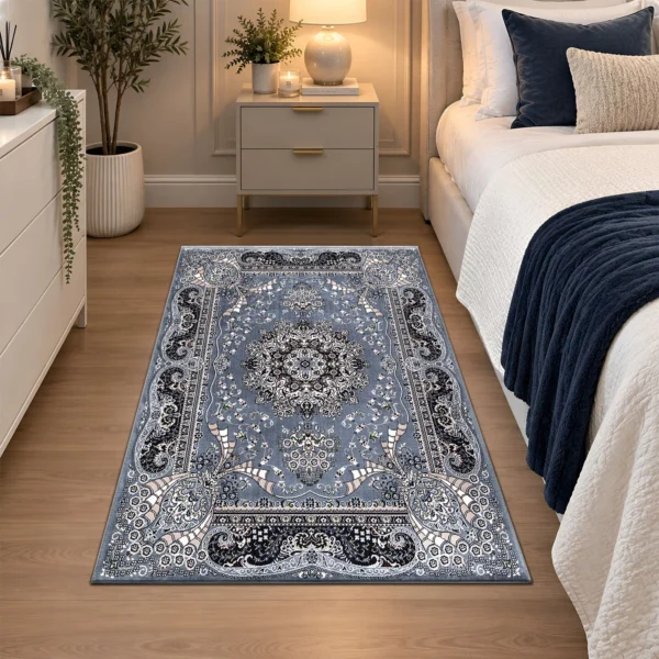 Rada Grey traditional floral rug 80 x 150 cm, medium pile with jute backing, in a living room