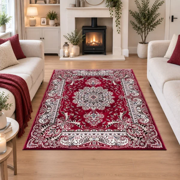 Rada Traditional Floral Rug Red 120 x 170 cm Rada Red traditional floral rug 120 x 170 cm, medium pile with jute backing, in a living room