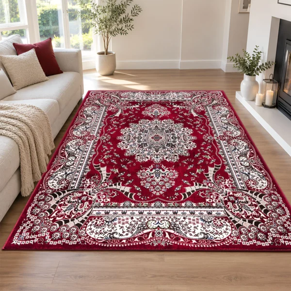 Rada Traditional Floral Rug Red 160 x 230 cm Rada Red traditional floral rug 160 x 230 cm, medium pile with jute backing, in a living room