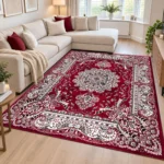 Rada Red traditional floral rug 200 x 290 cm, medium pile with jute backing, in a living room