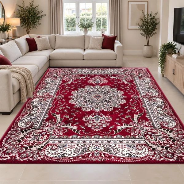 Rada Traditional Floral Rug Red 240 x 320 cm Rada Red traditional floral rug 240 x 320 cm, medium pile with jute backing, in a living room