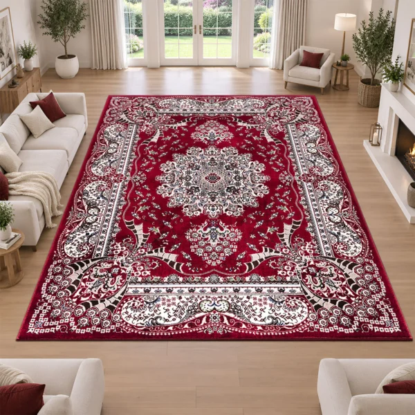 Rada Traditional Floral Rug Red 280 x 380 cm Rada Red traditional floral rug 280 x 380 cm, medium pile with jute backing, in a living room