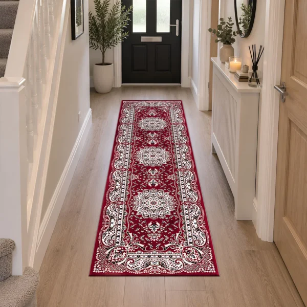 Rada Traditional Floral Rug Red 60 x 220 cm Rada Red traditional floral rug 60 x 220 cm, medium pile with jute backing, in a living room