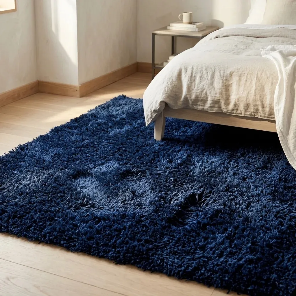 Deep navy high pile RenoAzul rug in a bedroom corner, showing the long soft pile