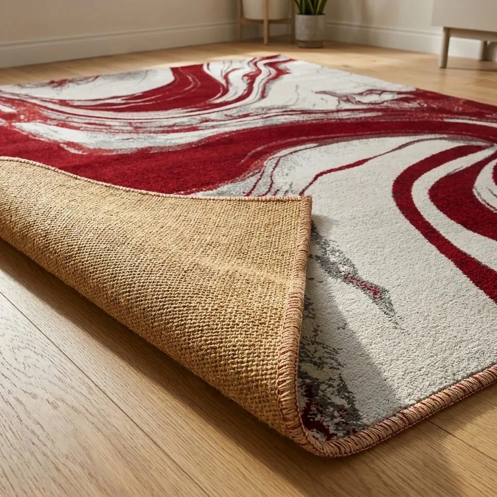Corner of a red and grey Iris rug by RenoAzul lifted to show the natural woven jute backing