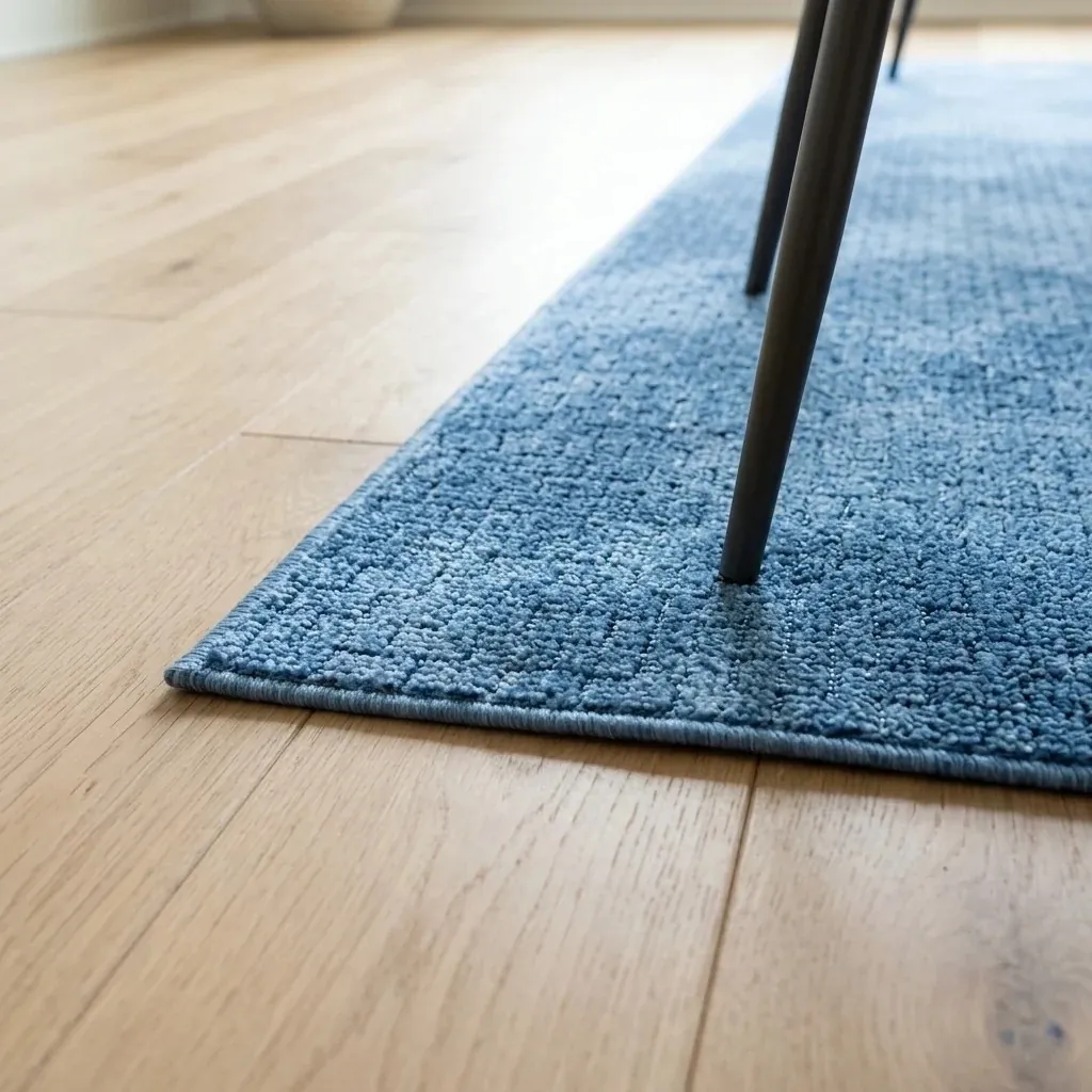Blue low pile RenoAzul rug seen at floor level, lying flat against oak floorboards with a chair leg resting on it