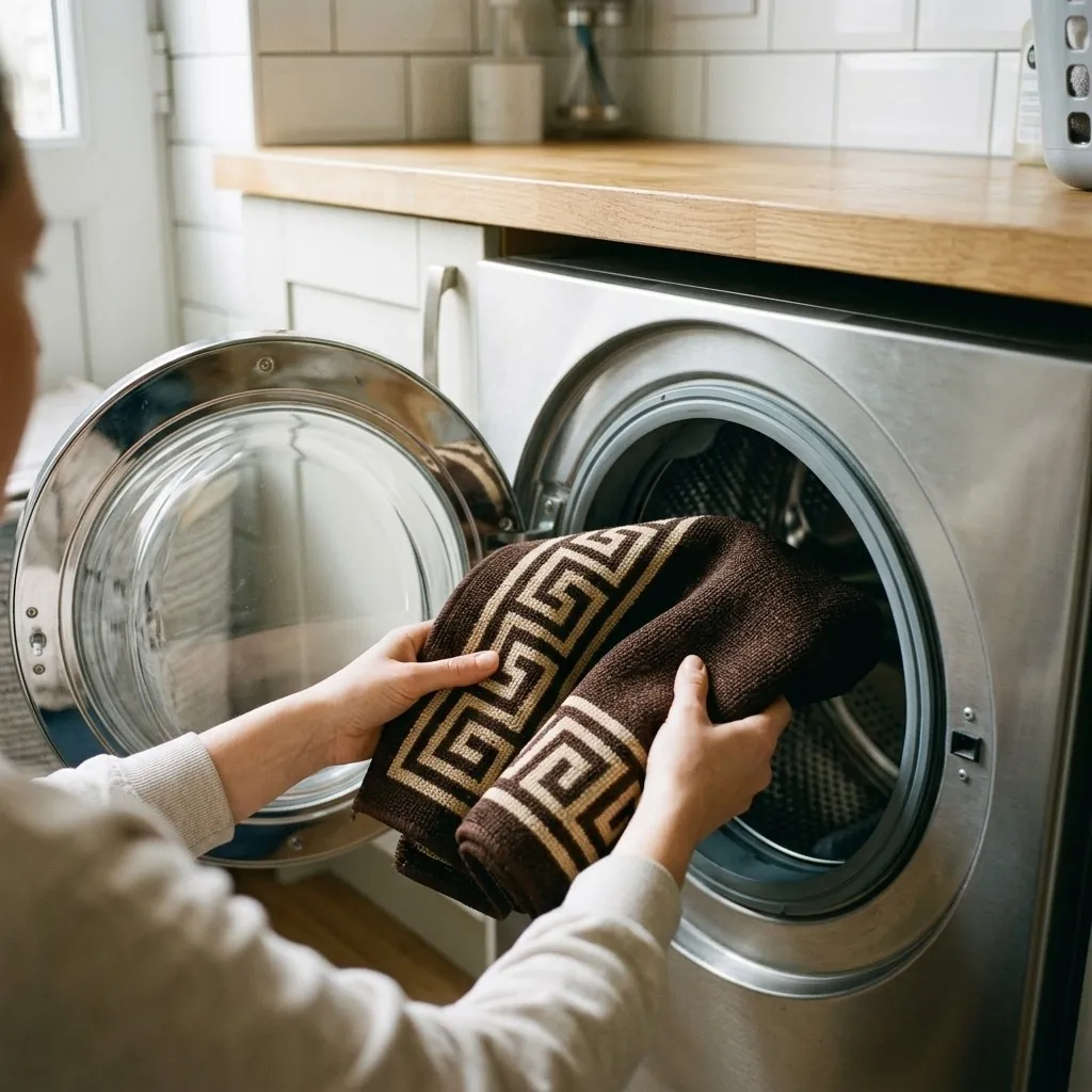 Hands feeding a small brown and beige Greek key RenoAzul doormat into the drum of a front-loading washing machine in a UK utility room