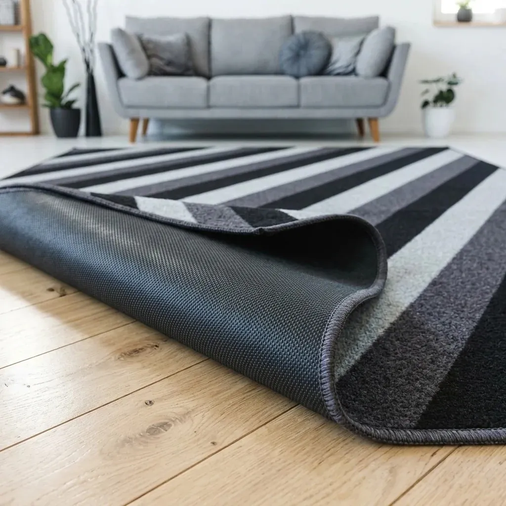 Corner of a black and grey striped RenoAzul rug folded back on a wooden floor to show the textured non-slip backing