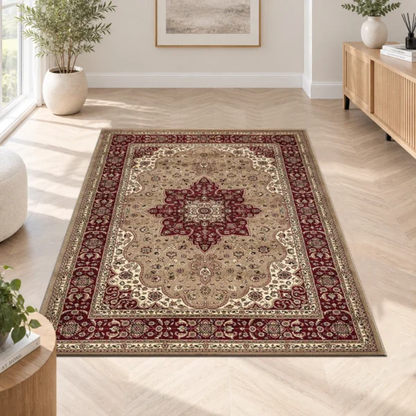 Rome Beige traditional floral rug 120 x 170 cm, medium pile with jute backing, in a living room