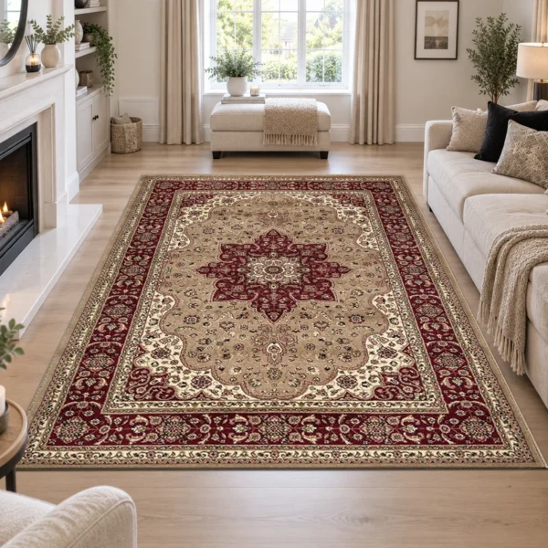 Rome Traditional Floral Rug Beige 160 x 230 cm Rome Beige traditional floral rug 160 x 230 cm, medium pile with jute backing, in a living room