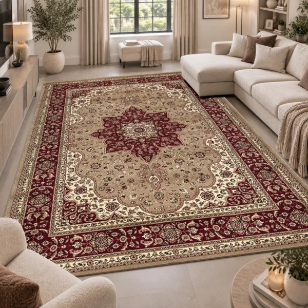 Rome Traditional Floral Rug Beige 200 x 290 cm Rome Beige traditional floral rug 200 x 290 cm, medium pile with jute backing, in a living room