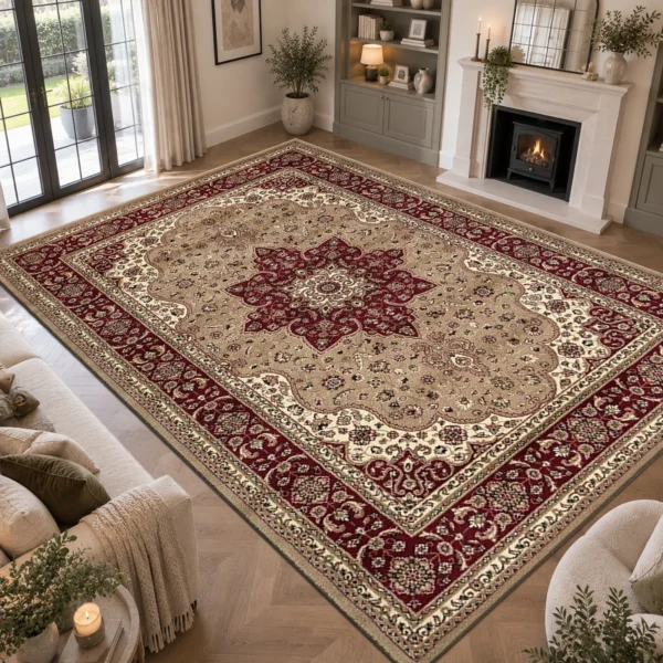 Rome Traditional Floral Rug Beige 240 x 320 cm Rome Beige traditional floral rug 240 x 320 cm, medium pile with jute backing, in a living room