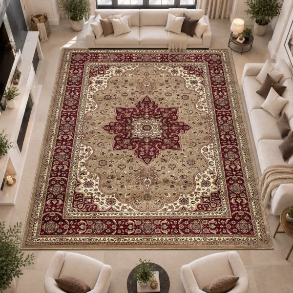 Rome Traditional Floral Rug Beige 280 x 380 cm Rome Beige traditional floral rug 280 x 380 cm, medium pile with jute backing, in a living room