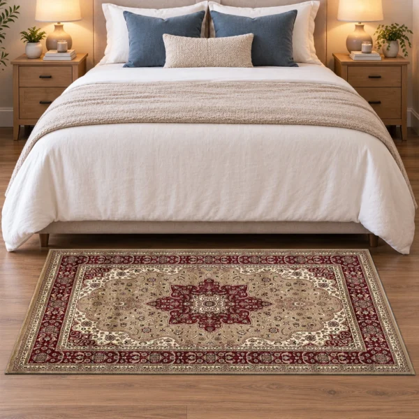Rome Beige traditional floral rug 80 x 150 cm, medium pile with jute backing, in a living room