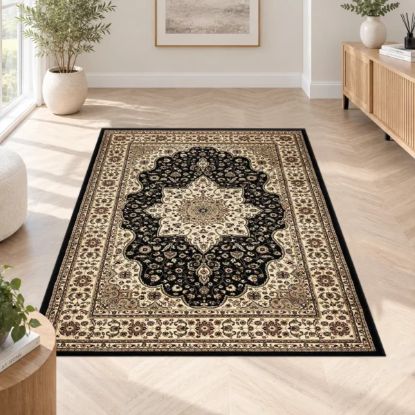 Rome Black traditional floral rug 120 x 170 cm, medium pile with jute backing, in a living room