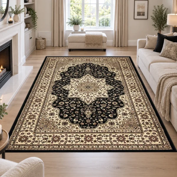 Rome Traditional Floral Rug Black 160 x 230 cm Rome Black traditional floral rug 160 x 230 cm, medium pile with jute backing, in a living room