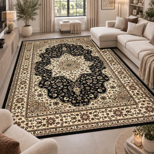 Rome Traditional Floral Rug Black 200 x 290 cm Rome Black traditional floral rug 200 x 290 cm, medium pile with jute backing, in a living room