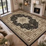 Rome Black traditional floral rug 240 x 320 cm, medium pile with jute backing, in a living room