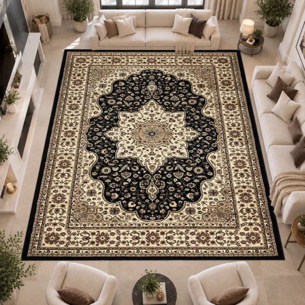 Rome Traditional Floral Rug Black 280 x 380 cm Rome Black traditional floral rug 280 x 380 cm, medium pile with jute backing, in a living room
