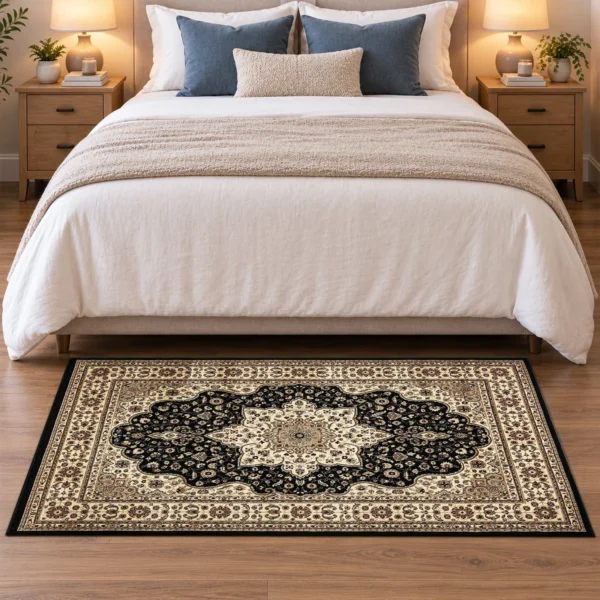Rome Black traditional floral rug 80 x 150 cm, medium pile with jute backing, in a living room